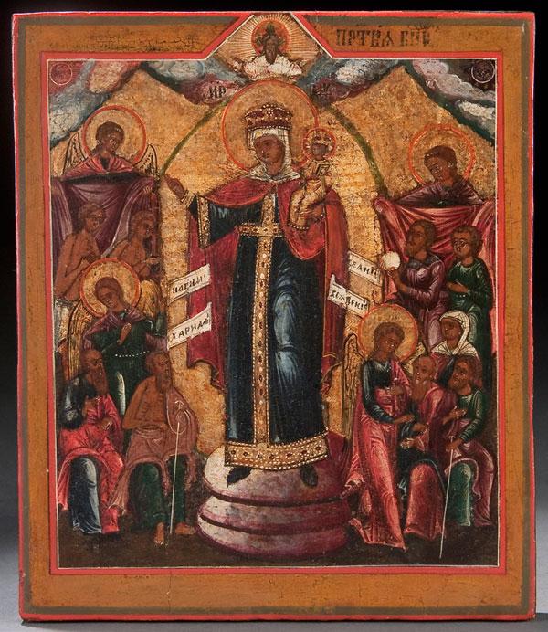 RUSSIAN ICON: MOTHER OF GOD JOY TO ALL WHO SORROW: A RUSSIAN ICON OF THE MOTHER OF GOD JOY TO ALL WHO SORROW, 18TH/19TH CENTURY. The Mother of God holding the infant Christ and interceding on behalf of the sick and needy. 9.25 inches x 8 inches (23.5