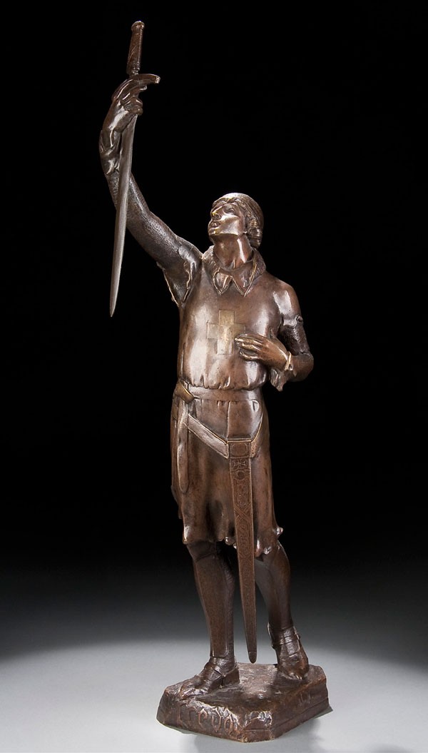 BRONZE BY JULIEN MONIER OF CREDO: JULIEN MONIER (French 1890-1915) Credo Bronze with brown patina Signed on base and with foundry stamp Height 22.75 inches (58 cm)