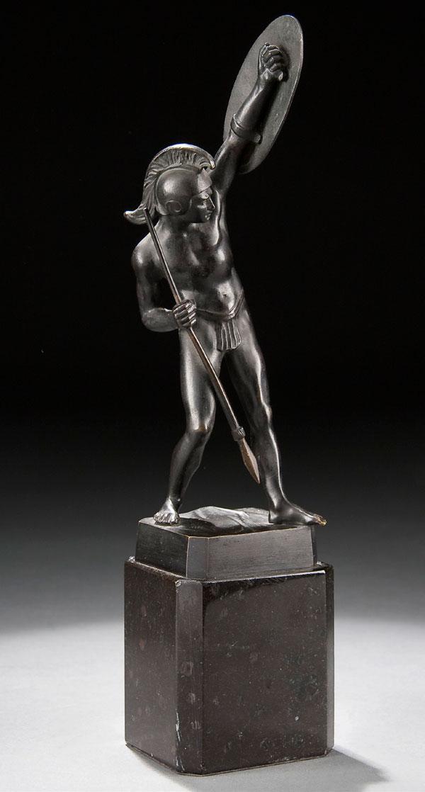 BRONZE OF A WARRIOR BY OTTO SCHMIDT-HOFER: OTTO SCHMIDT-HOFER (1872-1925) Warrior with Shield and Spear Bronze with dark brown patina Signed on base Height 8.8 inches (22.5 cm) excluding 3 inch (8 cm) marble base