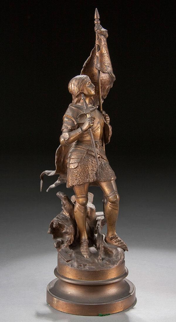 BRONZE BY LOUIS GOSSIN OF JOAN OF ARC: LOUIS GOSSIN (French 1846-1928) Joan of Arc Bronze with brown patina Inscribed Height 15 inches (38 cm) including base