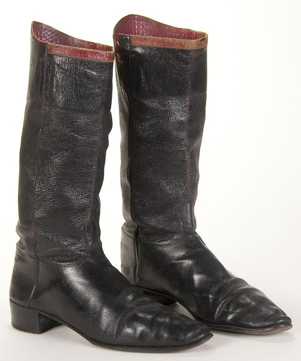 PAIR OF BRITISH VICTORIAN OFFICER'S BOOTS: A PAIR OF BRITISH VICTORIAN OFFICER'S BOOTS, circa 1870. Calfskin with red morocco leather tops and lining. Interior with gold embossed maker's label.