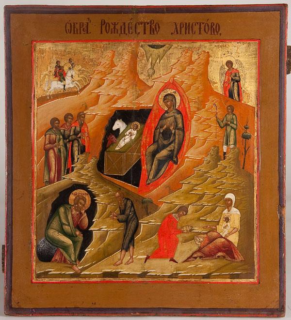 RUSSIAN ICON: BIRTH OF CHRIST: A RUSSIAN ICON OF THE BIRTH OF CHRIST, 19TH CENTURY. A large icon faithfully executed in the 16th century style. At center Mary reclines in a cave next to the newborn Christ as an ox and ass look-on. 