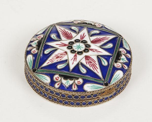 RUSSIAN SILVER & ENAMEL PILL BOX: A RUSSIAN SILVER GILT AND SHADED ENAMEL PILL BOX with hinged lid and spurious Faberge and St. Petersburg hallmarks. Diameter 2 inches (5.1 cm).