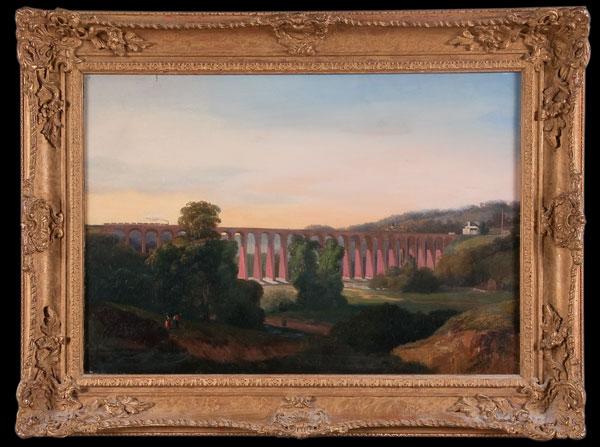 BRITISH LANDSCAPE OIL PAINTING: BRITISH SCHOOL (19th century) Expansive Landscape with Train Tressel and Figures in Foreground - circa 1850 Oil on canvas Apparently unsigned 13.75 inches x 19.75 inches (34.9 x 50.2 cm)