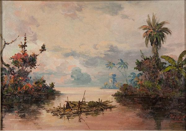 JOSE ARTEGA OIL PAINTING: JOSE YEPEZ ARTEGA (Ecuador b. 1898) Tropical Scene with Raft Oil on canvas Signed lower right 15 inches x 21.25 inches (38.1 x 54 cm)