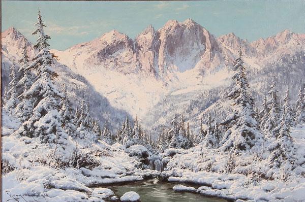 LASZLO NEOGRADY OIL PAINTING: LASZLO NEOGRADY (Hungarian 1896-1962) Mountainous Winter Landscape Oil on canvas Signed lower left 24 inches x 36 inches (61 x 91.4 cm)