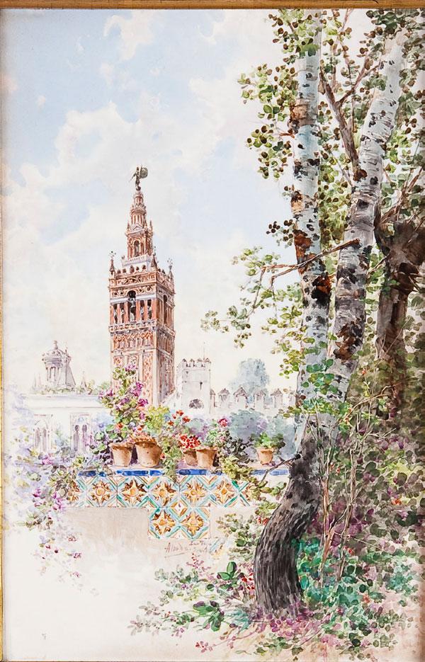 HAND PAINTED PORCELAIN PLAQUE, RAMON ALORDA PEREZ: RAMON ALORDA PEREZ (Spanish 1848-1899). "A View From Cartuja Park-Seville". Finely painted on porcelain blank with birch trees and a cathedral tower on porcelain blank with impressed backstamp. Signed