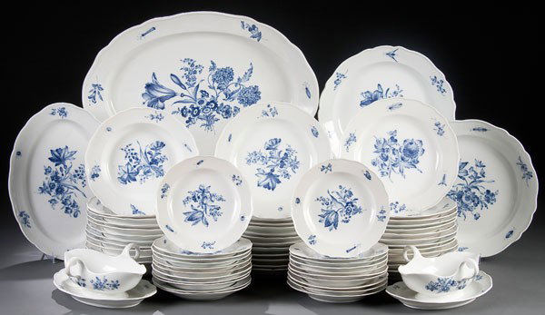 MEISSEN BLUE FLOWERS PORCELAIN DINNER SERVICE: A MEISSEN "BLUE FLOWERS" PARTIAL DINNER SERVICE early 20th century, hand painted with various blue florals and insects on rims. Comprising a 20.5 inch platter, 13.5 inch platter, two 12 inch plates, t