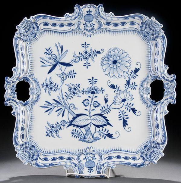 MEISSEN BLUE ONION PORCELAIN SQUARE TRAY: A MEISSEN "BLUE ONION" PORCELAIN SQUARE TRAY early 20th century, with embossed scalloped rim and pierced handles. Blue crossed swords mark. 16.25 inches square (41 cm).