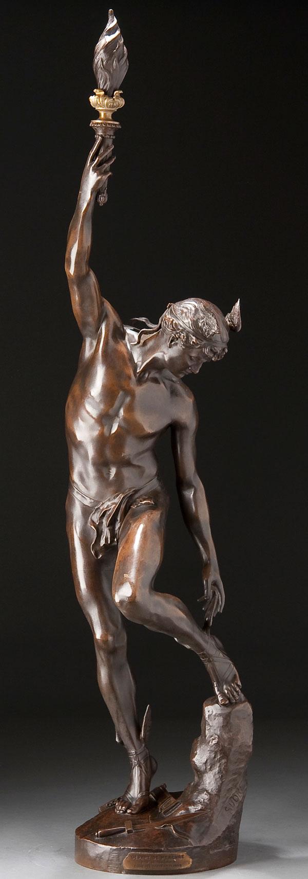 BRONZE SCULPTURE, RAYMOND SUDRE: RAYMOND SUDRE (French 1870-1962) Depart de Mercure Bronze with rich brown patina and gold highlights Signed on base SUDRE and PARIS and with foundry stamp BRONZE GARANTI AU TITRE PARIS and with engrav