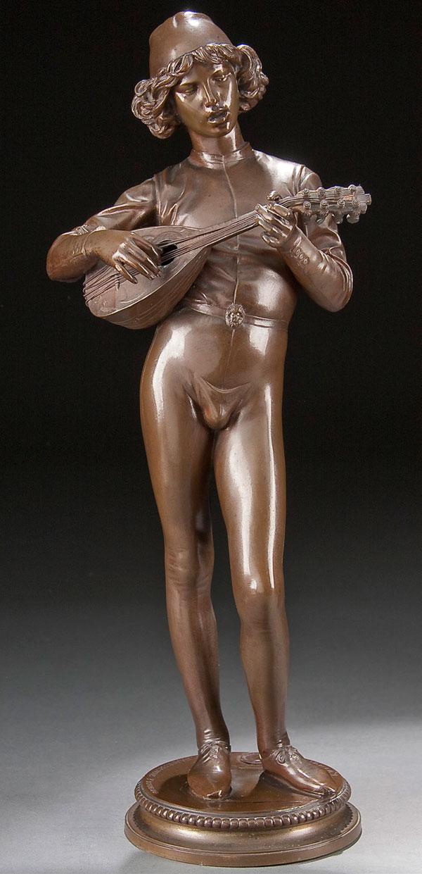 BRONZE SCULPTURE, PAUL DUBOIS: PAUL DUBOIS (French 1829-1905) Chanteur Florentin - 1865 Bronze with brown patina Inscribed on base and with F. Barbidienne Foundry and reduction stamp Height 15 inches (38.3 cm)
