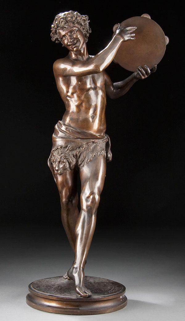 BRONZE SCULPTURE, JUSTIN SANSON: JUSTIN CHRYSOTOME SANSON (French 1833-1910) Tanzender Bacchant Bronze with dark brown patina Signed on base Height 28.25 inches (71.7 cm)