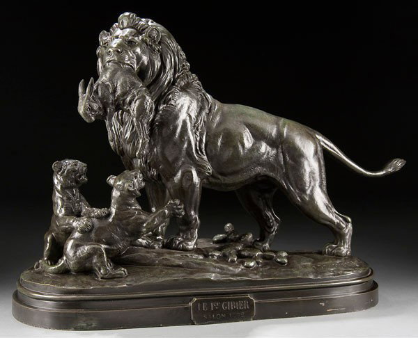 BRONZE SCULPTURE, PAUL DELABRIERRE: PAUL EDOUARD DELABRIERRE (French 1829-1912) A Lion with Two Cubs - 1890 Bronze with dark green and brown patina Inscribed on base Length 27.5 inches (69.7 cm) Height 18.75 inches (47.6 cm)