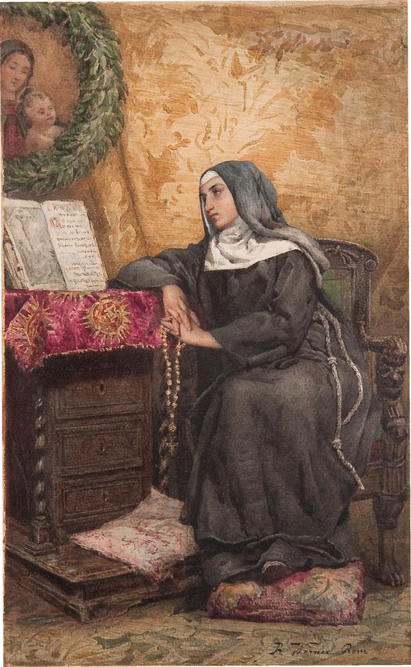 RELIGIOUS OIL PAINTING, FRITZ WERNER: FRITZ (ALEXANDER FRIDRICH) WERNER (German 1827-1908) Contemplation - circa 1875 Watercolor Signed lower right 'F. Werner Roma' 12 inches x 7.5 inches (30.5 x 19.2), unframed