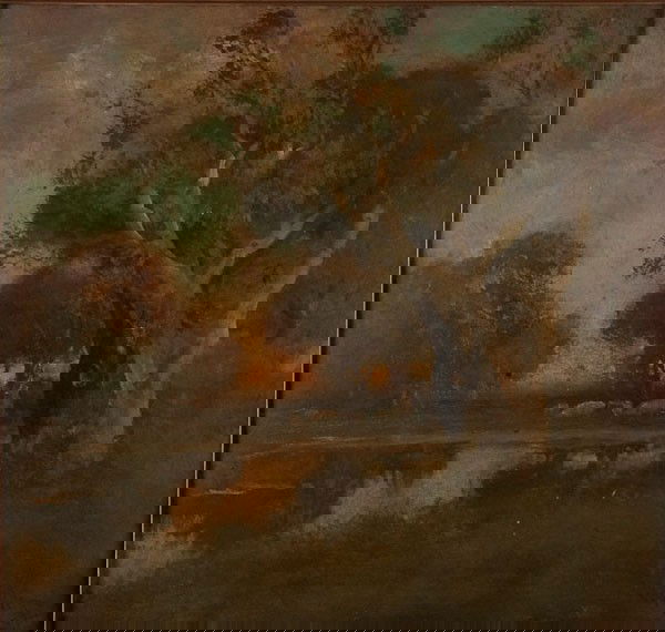 OIL PAINTING, WILLIAM KEITH: WILLIAM KEITH (American 1838-1911) A Meadow at Dusk Oil on board Signed lower right W. Keith 19 inches x 20 inches *lot includes two books that reference Keith's work Provenance: Mr. Ben Hewlett (sile