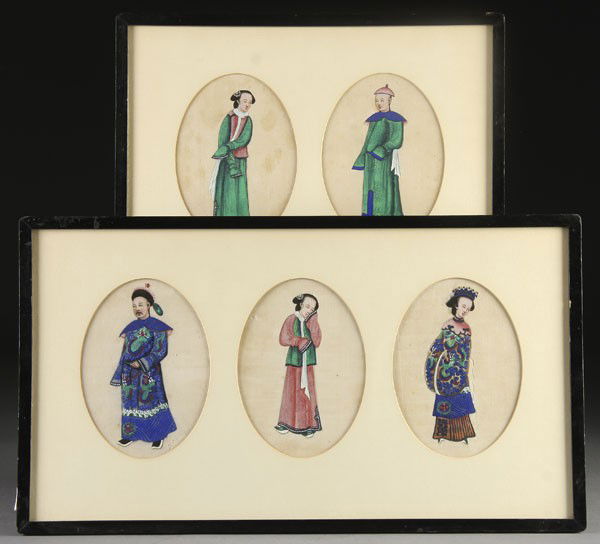 5 CHINESE HAND PAINTED COSTUME DESIGNS: A GROUP OF 5 CHINESE HAND PAINTED COSTUME DESIGNS 19th century. On rice paper. In later frames with oval mats. 21.75 inches x 12.25 inches and 15.75 inches x 12.25 inches.