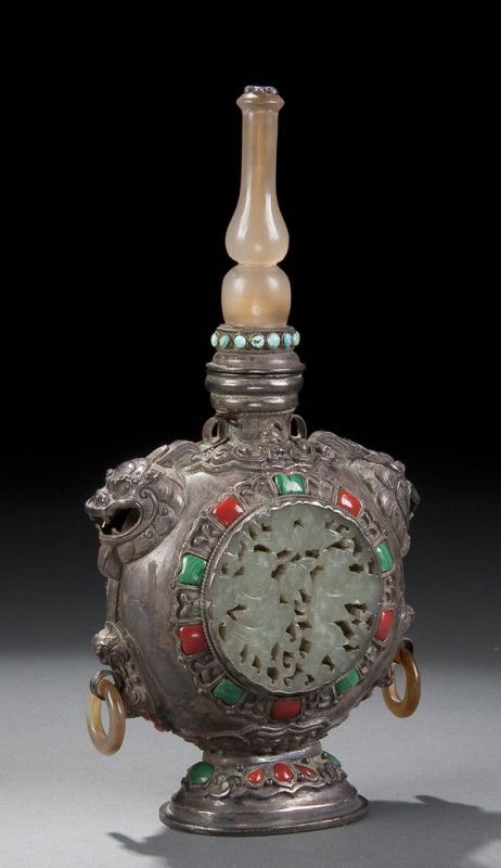 CHINESE QING PERIOD CARVED SILVER & JADE PERFUMER: A CHINESE QING PERIOD CARVED SILVER, JADE & JEWEL MOUNTED PERFUMER with lion's head mask handles above reticulated white jade medallions surrounded by inset malachite and coral cabochons below a trans