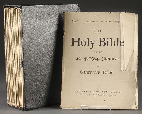GUSTAV DORE HOLY BIBLE ILLUSTRATIONS: GUSTAV DORE HOLY BIBLE ILLUSTRATIONS late 19th century, Cassell and Company Publishers, 44 soft bound parts contained in a slip cover case, consisting of about 200 full page illustrations of the Holy 