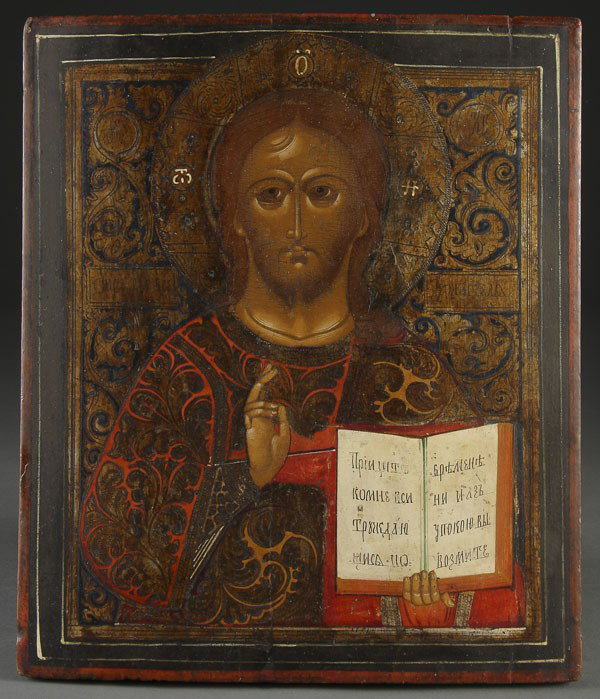 RUSSIAN ICON, CHRIST PANTOCRATOR: A RUSSIAN ICON OF CHRIST PANTOCRATOR, 19th century, egg tempera on wood panel, 15.5 x 13.25 inches.