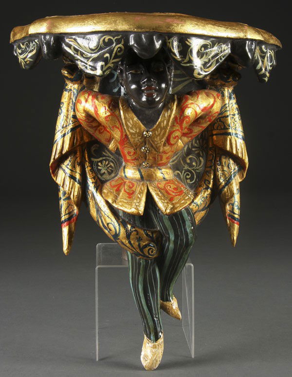 CONTEMPORARY BLACKAMOOR WALL SHELF: A CONTEMPORARY ARTIST DECORATED FIGURAL BLACKAMOOR WALL SHELF 20th century. Signed indistinguishably on verso. Height 18 inches.