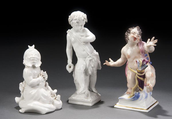 3 PORCELAIN FIGURES: 3 PORCELAIN FIGURES consisting of a Meissen figure and 2 KPM blanc de chein figures. Height 5.5 inches.