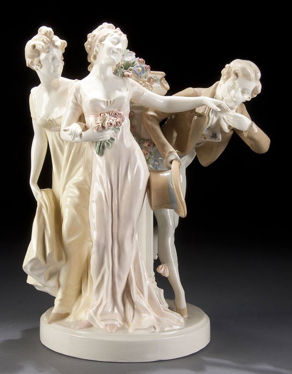 CZECH FIGURAL ART POTTERY GROUP: A LARGE CZECHOSLOVAKIA FIGURAL ART POTTERY GROUP early 20th century. Depicting a courting scene of a gentleman and two young women. Union T Czech backstamp in crown wreath. Height 15.25 inches. Some m
