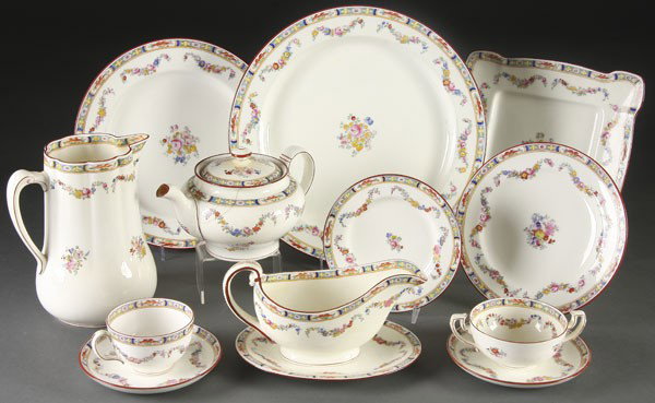 89 PC SET OF MINTON PORCELAIN DINNERWARE: AN 89-PIECE SET OF MINTON PORCELAIN DINNERWARE early 20th century. With hand painted floral decoration for Alex Anderson, Minneapolis. 6-piece place setting for 11 with extra pieces and serving pieces