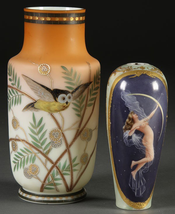 BOHEMIAN ART GLASS VASE: A BOHEMIAN ART GLASS VASE with enameled owl. Together with an Elite France vase with hand painted scene of a nude Diana (reduced). Largest 9.75 inches.
