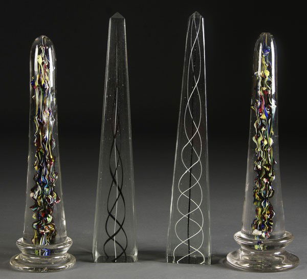 TWO PRS ITALIAN ART GLASS VICTORIAN OBELISKS: TWO PAIRS OF ITALIAN OR FRENCH ART GLASS VICTORIAN OBELISKS 19th century. One with internal mottled decoration, the other with internal spiral decoration. Heights 12.75 and 14 inches.