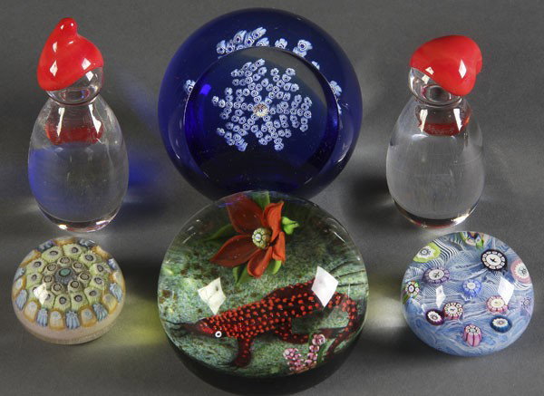 6 SCOTTISH ART GLASS PAPERWEIGHTS: A GROUP OF 6 SCOTTISH ART GLASS PAPERWEIGHTS largest with red lizard, diameter 3 inches.