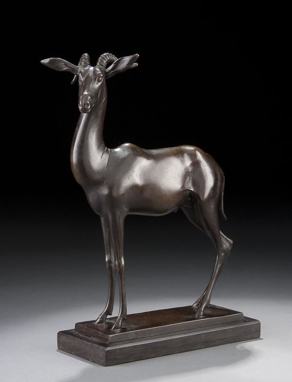 FRENCH BRONZE FIGURE OF A GAZELLE, C. 1920: A FRENCH BRONZE FIGURE OF A GAZELLE, CIRCA 1920. Bronze with dark brown patina. Apparently unsigned. Mounted on an ebonized wood base. Height excluding base 10 inches (25.5 cm).