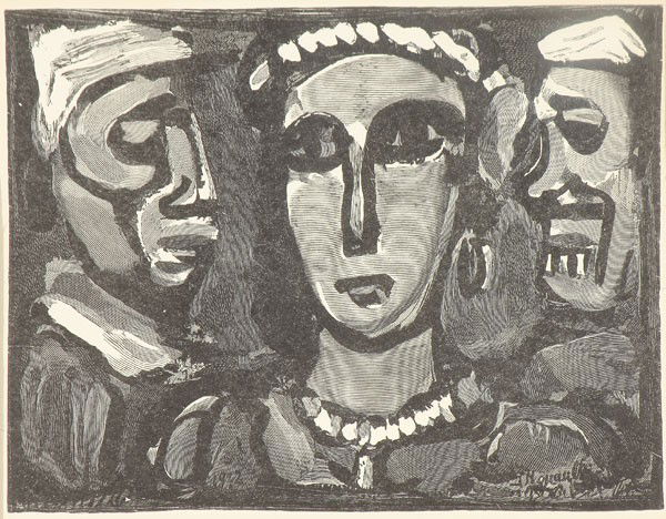 GEORGES ROUAULT ENGRAVING: GEORGES ROUAULT (French 1871-1958) Les Visages Engraving. Signed in the plate. 6 inches x 8 inches. Together with a modern pen and ink abstract composition, indistinguishably signed, 6.25 inches x 8.5