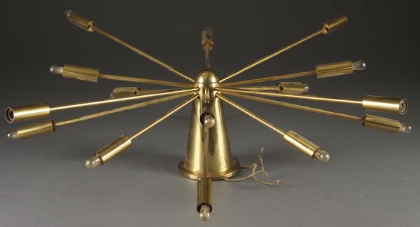 MODERN SPUTNIK STYLE BRASS CEILING LAMP: A MODERN SPUTNIK STYLE BRASS CEILING LAMP mid 20th century. With 16 arms radiating from a cone-shaped base. Attributed to Lightolier. Width 36 inches.