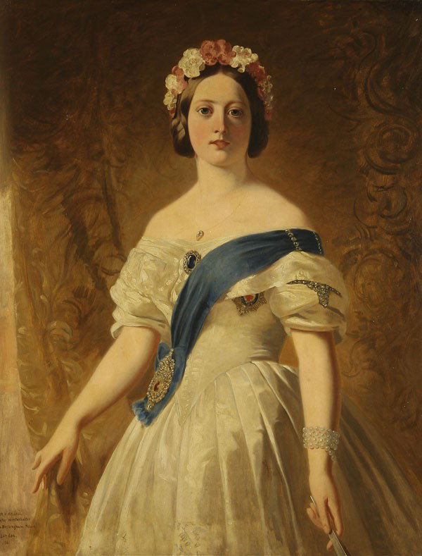 AFTER FRANZ WINTERHALTER PAINTING: AFTER FRANZ XAVER WINTERHALTER (1805-1873), Queen Victoria - 1861, Oil on canvas laid down on masonite, signed lower left M.K. Kellogg, after Winterhalter in Buckingham Palace London 1861, 44 inches x