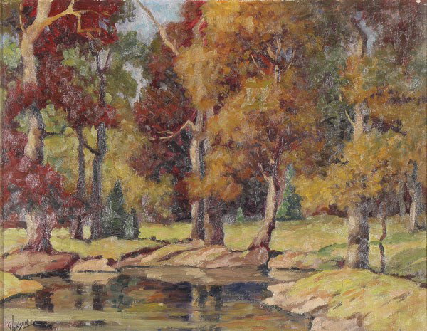 GEORGE JENSEN OIL PAINTING LANDSCAPE: GEORGE JENSEN (American 1878-1977) Fall Landscape Oil on board. Signed lower left. 12.75 inches x 16.25 inches.