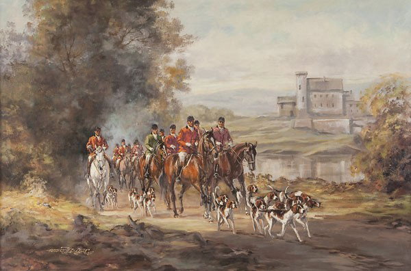 BERG OIL PAINTING OF FOX HUNT: BERG (20th century) The Fox Hunt - circa 1970. Oil on canvas. Signed lower left. 24 inches x 36 inches.