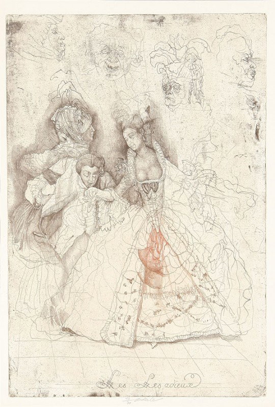 3 WORKS ON PAPER BY JIRI ANDERLE: A GROUP OF THREE WORKS BY CZECH ARTIST JIRI ANDERLE (b. 1936) including Les Adieux - 1985, an etching with Jacque Baruch Gallery label on verso, 19.5 inches x 13.25 inches; Menuetto (Joseph Hadyn), an