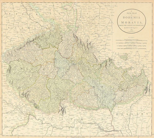 ENGLISH ENGRAVED MAP OF BOHEMIA & MORAVIA: AN ENGLISH ENGRAVED MAP OF BOHEMIA AND MORAVIA 1801, engraved by John Cary and hand colored. 18.25 X 20.25 inches.