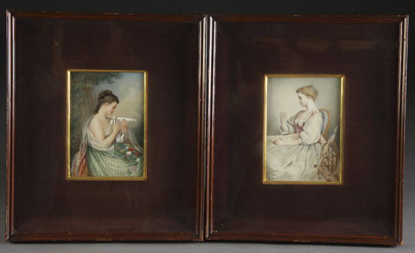 PR HAND PAINTED OPAQUE GLASS PORTRAIT PLAQUES: A PAIR OF HAND PAINTED OPAQUE GLASS PORTRAIT PLAQUES. Depicting a young beauty with doves, and a young beauty blowing bubbles. The latter signed Th. Wust. Each contained in period shadowbox frames. Pl