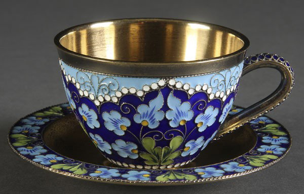 RUSSIAN SILVER GILDED & ENAMELED COFFEE CUP: A RUSSIAN SILVER GILDED AND ENAMELED COFFEE CUP AND SAUCER (Soviet period), 2 inches high, 4.25 inches diameter (saucer).
