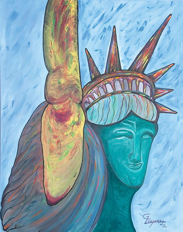 AFTER PETER MAX OIL PAINTINGS: After PETER MAX (American b.1937-) The Statue of Liberty, oil on canvas. 70.25 inches x 55 inches unframed. Together with another oil on canvas of a Liberty figure, in the style of Peter Max, 58 inche