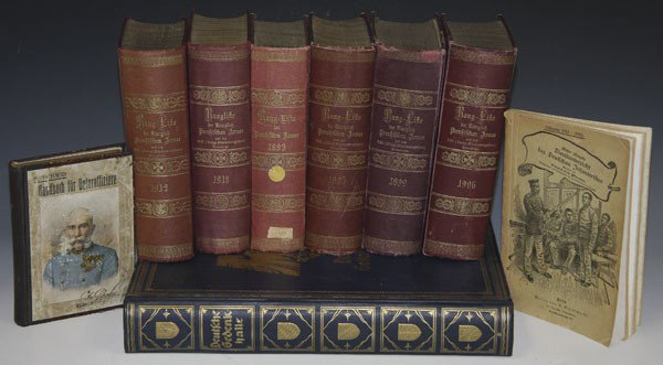 IMPERIAL PRUSSIAN AND GERMAN BOOKS: "SIX VINTAGE COPIES OF RANGLISTE DER KONIGLICH PREUSSISCHEN ARMEE (Ranking of the Prussian Army) for the years 1893, 99, 05, 06, 12. Berlin, with cloth covers, gilt impressed spine titles and cover wi