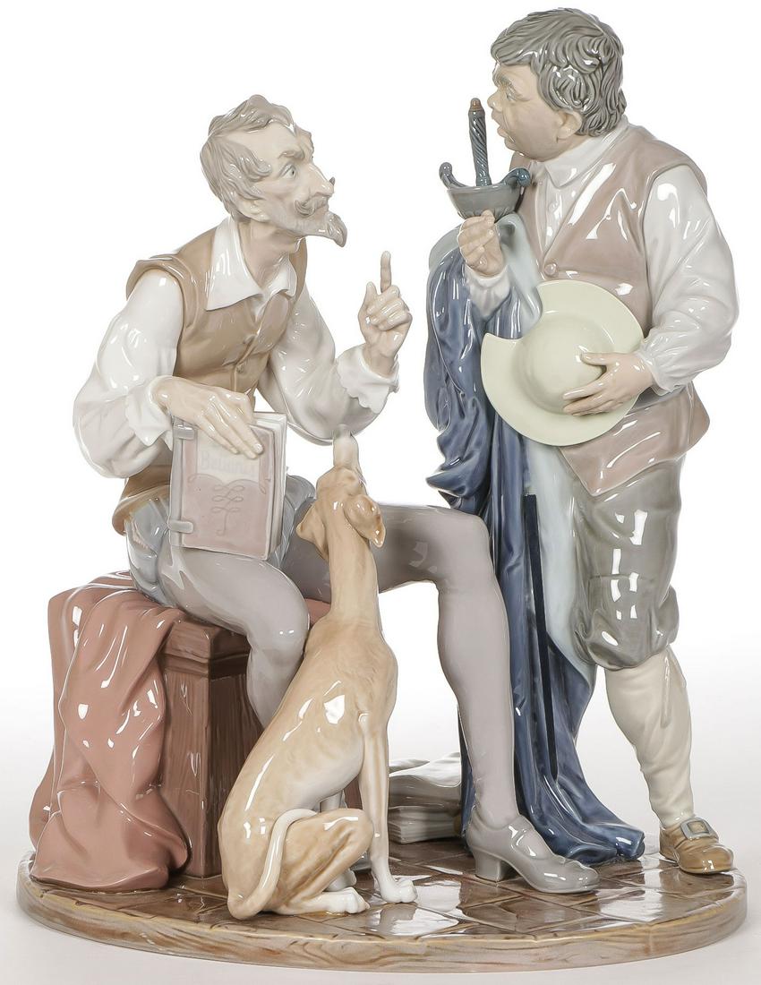 SCARCE LLADRO FIGURE: SCARCE LLADRO FIGURE. Depicting a seated Don Quixote, Sancho Panza and a dog. Height 15.25 inches. SHIPPING NOTICE: Jackson's is your sole and only source for one stop packing and shipping. With over