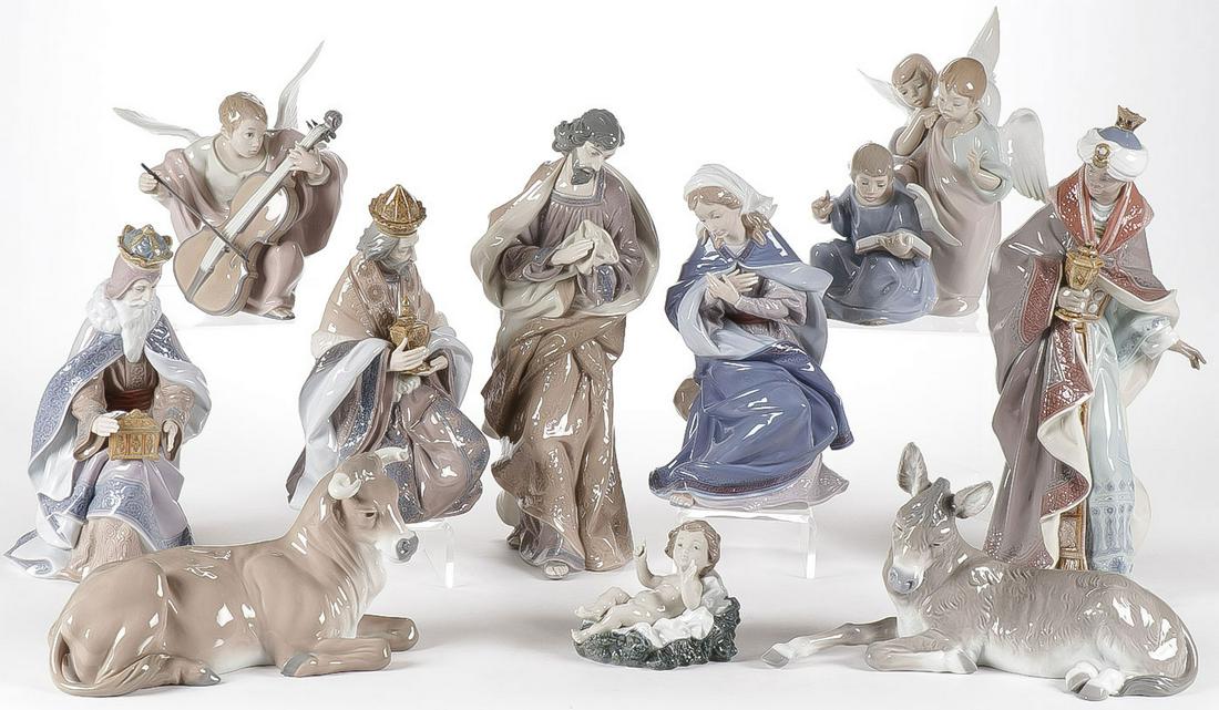 10-PIECE LLADRO NATIVITY SET: 10-PIECE LLADRO NATIVITY SET. The ten-piece set includes Joseph, Mary, and the Baby Jesus, the three kings, a grouping of three angels, a single angel with instrument, and a large donkey and cow. Grea