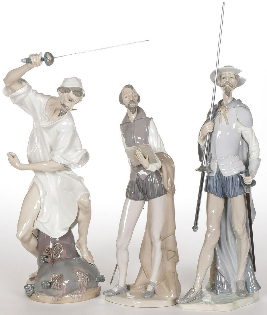 THREE DON QUIXOTE LLADRO FIGURES: THREE DON QUIXOTE LLADRO FIGURES. Each depicted in various poses and costumes. Greatest height 17 inches. SHIPPING NOTICE: Jackson's is your sole and only source for one stop packing and shipping. Wi