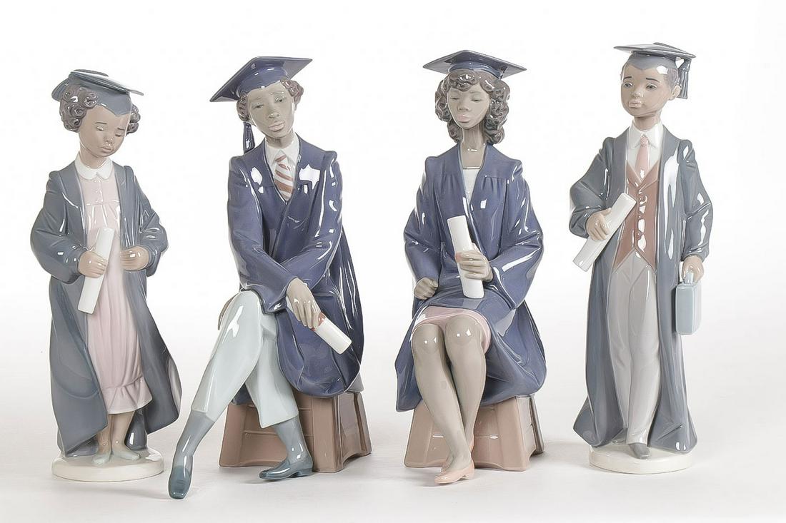 4 RARE BLACK LEGACY COLLECTION GRADUATION LLADROS: 4 RARE BLACK LEGACY COLLECTION GRADUATION LLADROS. Comprising two pairs of a male and female graduate, with gown, cap, and diploma/degree, including "Only the Beginning" #5547 and "Reaching the Goal"
