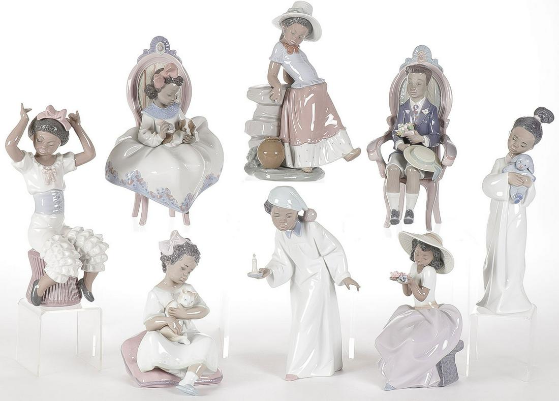 8 LLADRO CHILD FIGURINES, BLACK LEGACY COLLECTION: 8 LLADRO CHILD FIGURINES, BLACK LEGACY COLLECTION. Depicting children or young adults with various accessories including flowers, puppies, and kittens, including model numbers: 6822, 5908, 5158, 5909,