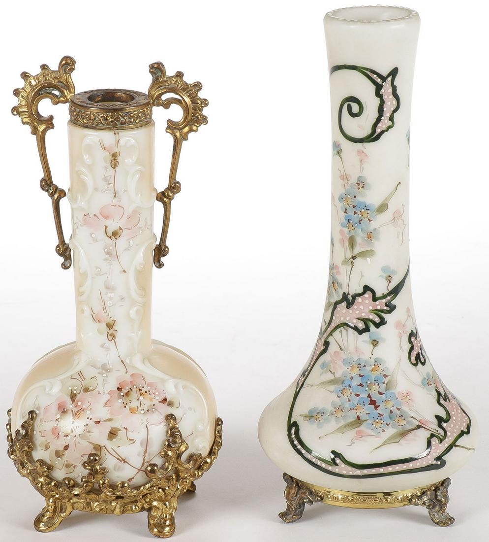 PAIR OF WAVE CREST STICK VASES: PAIR OF WAVE CREST STICK VASES. Each with ormolu mounting and heavily enameled, one with red banner mark and the other stamped Wave Crest. Greatest height 9 inches.SHIPPING NOTICE:Jackson's is your