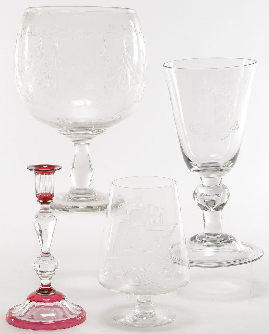 THREE LARGE VINTAGE ENGRAVED GOBLETS: THREE LARGE VINTAGE ENGRAVED GOBLETS. Comprising a large bulbous form, the sides deeply etched with floral swags and with ground pontil, probably German 19th century. As well as an earlier tulip form 
