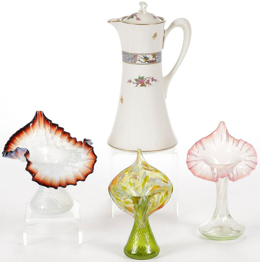 THREE ART GLASS VASES AND PITCHER: THREE ART GLASS VASES AND PITCHER. Comprising three Jack in the Pulpit art glass vases, each in various colors and decorative elements and each with pontil on underside. Together with a Lenox Ming pat